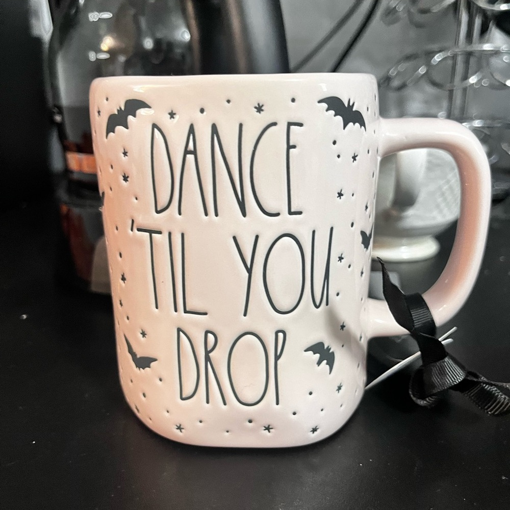 NEW Rae Dunn Pink Dance Till You Drop  Double Sided Mug Skeleton Stars Bats 🦇